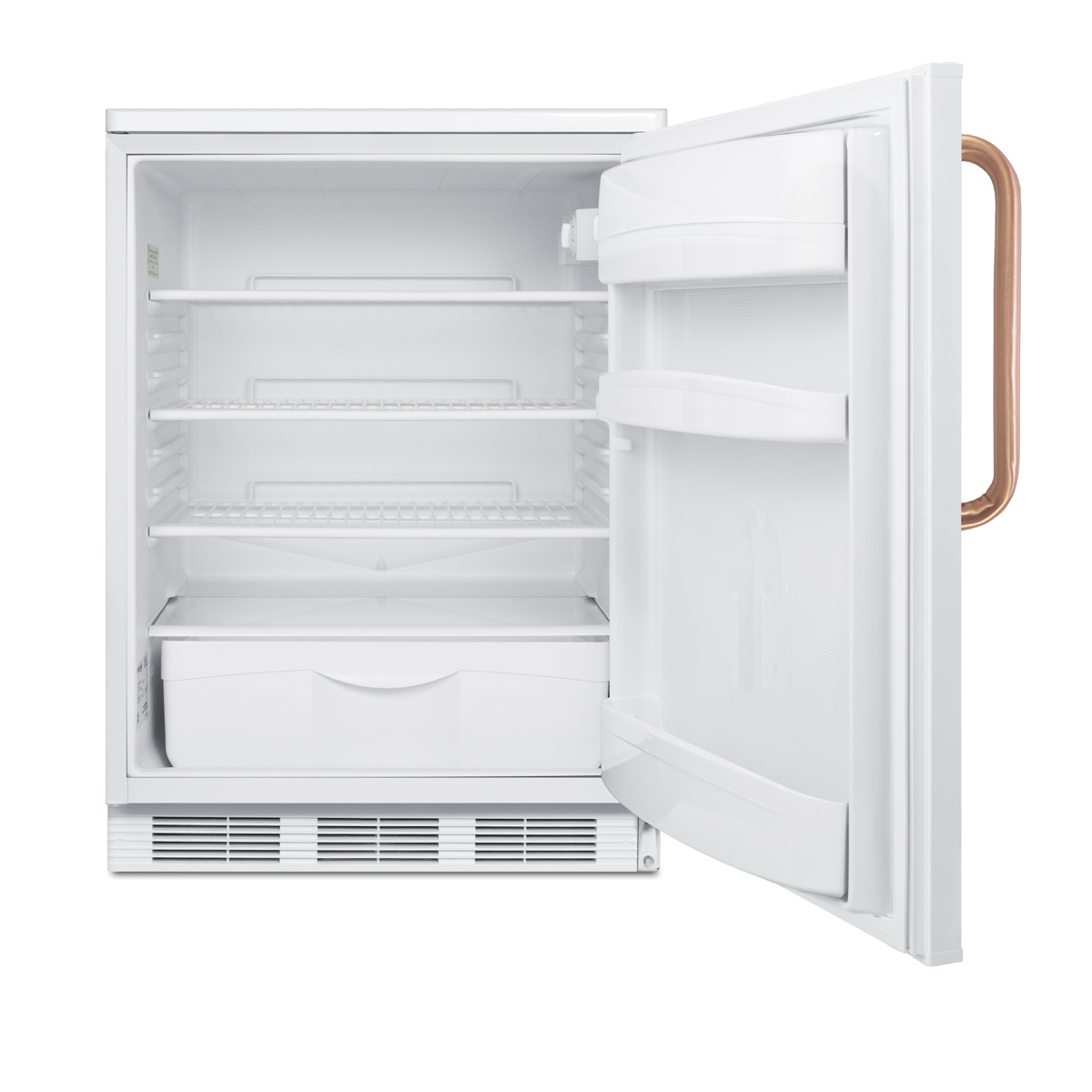 Freestanding counter height all-refrigerator for general purpose use, with pure copper handle, front lock, automatic defrost operation, and white exterior